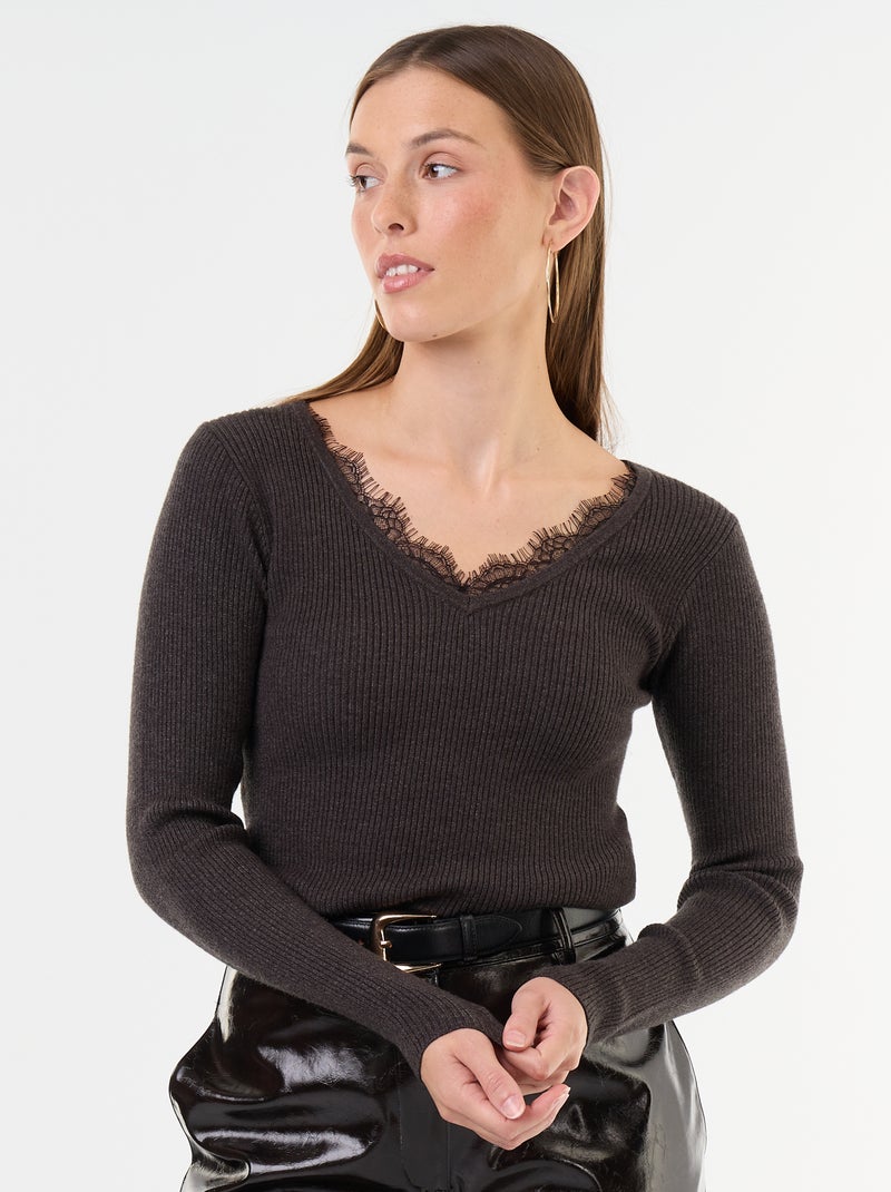 Pull côtelé avec col V avec dentelle Gris - Kiabi