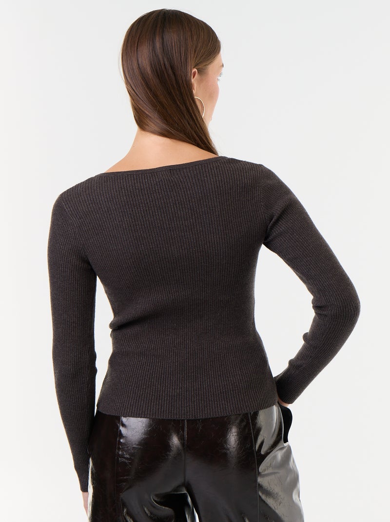 Pull côtelé avec col V avec dentelle Gris - Kiabi