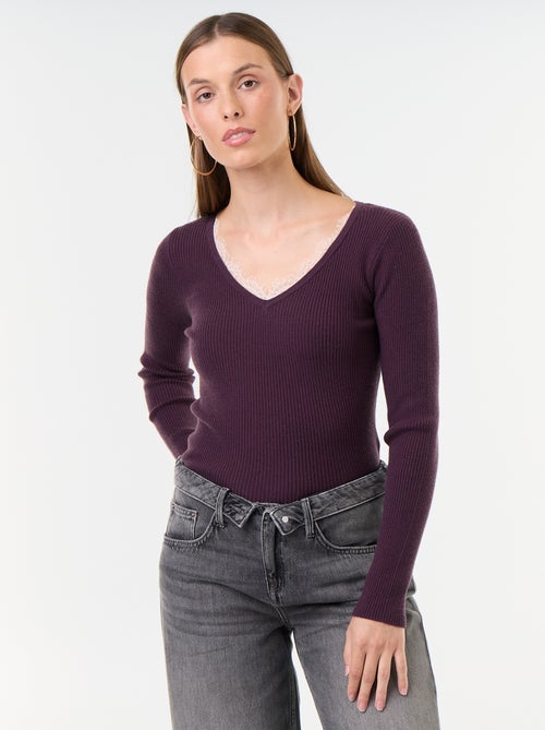 Pull côtelé avec col V avec dentelle - Kiabi
