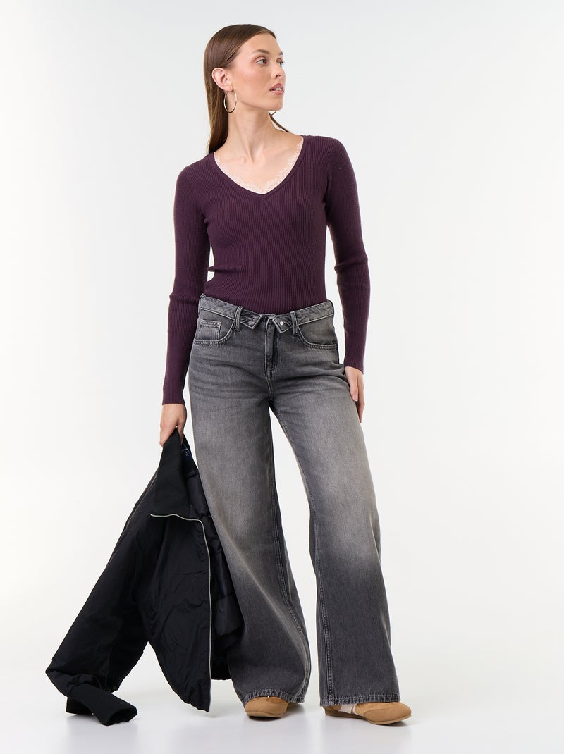 Pull côtelé avec col V avec dentelle Violet - Kiabi