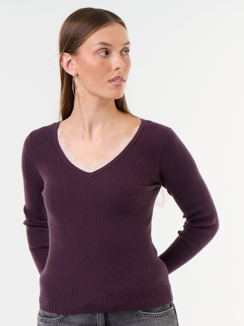 Pull côtelé avec col V avec dentelle Violet - Kiabi