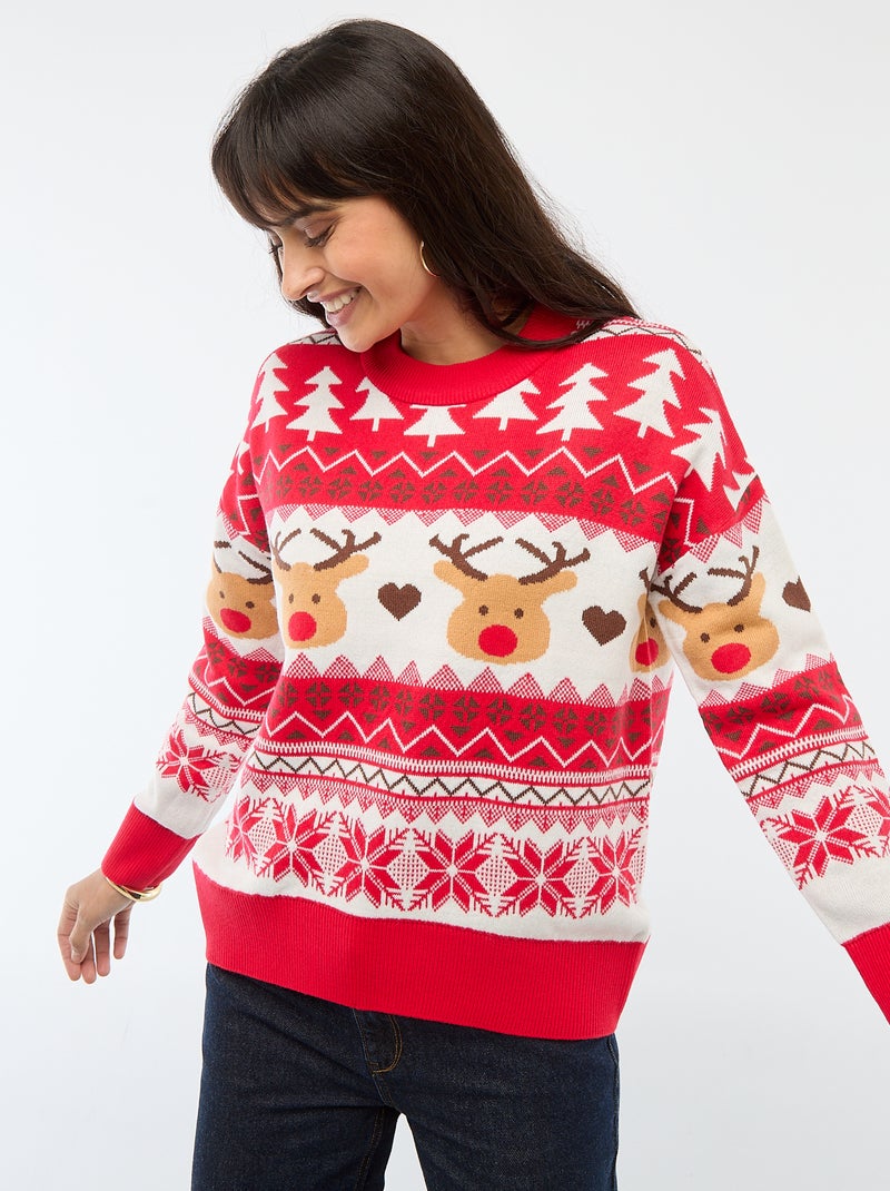 Pull de Noël en jacquard 'renne' Rouge - Kiabi