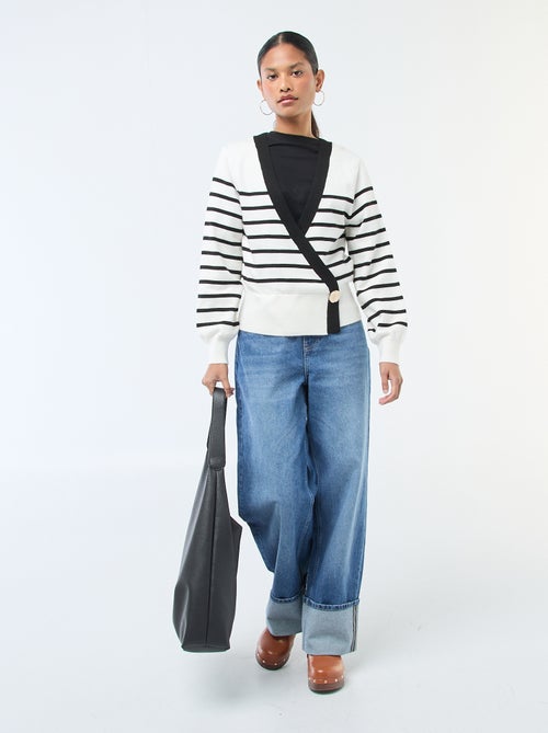 Pull effet gilet cache-coeur avec bouton doré - Kiabi