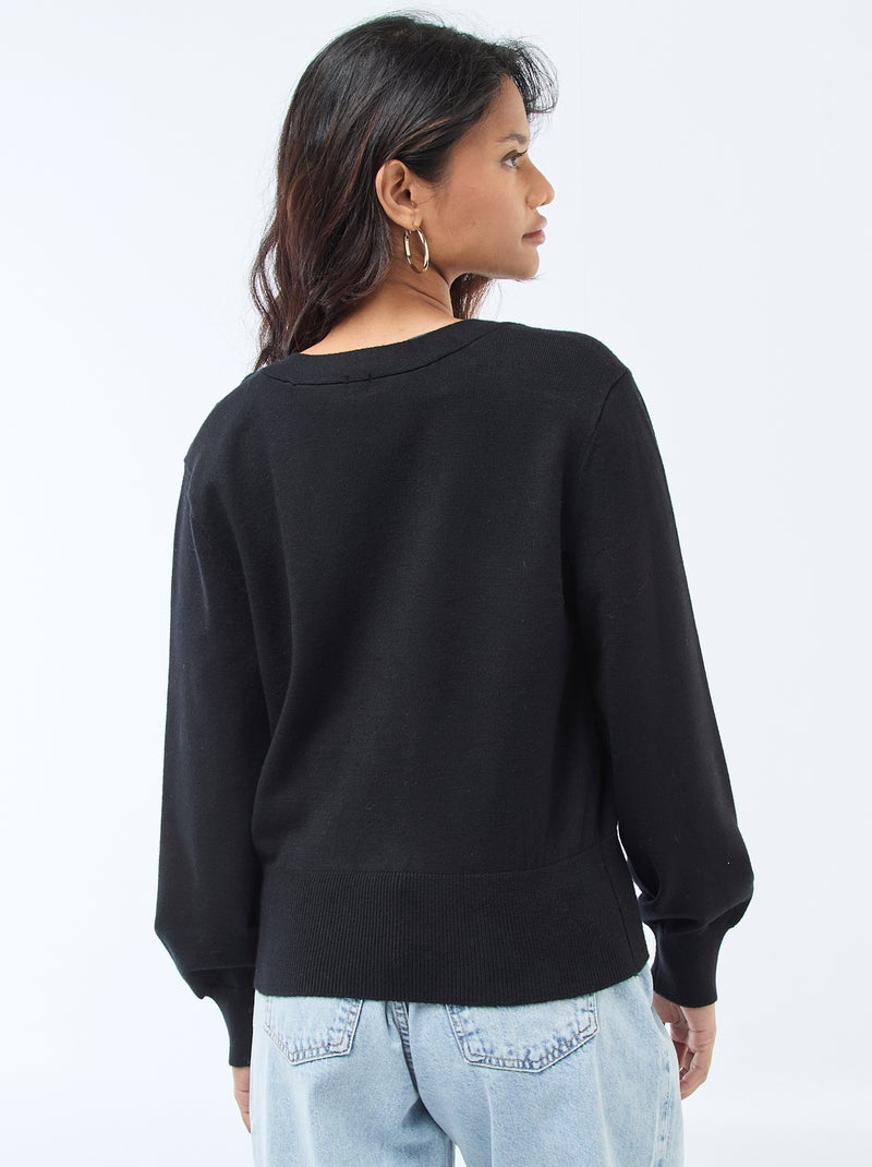 Pull effet gilet cache-coeur avec bouton doré Noir - Kiabi