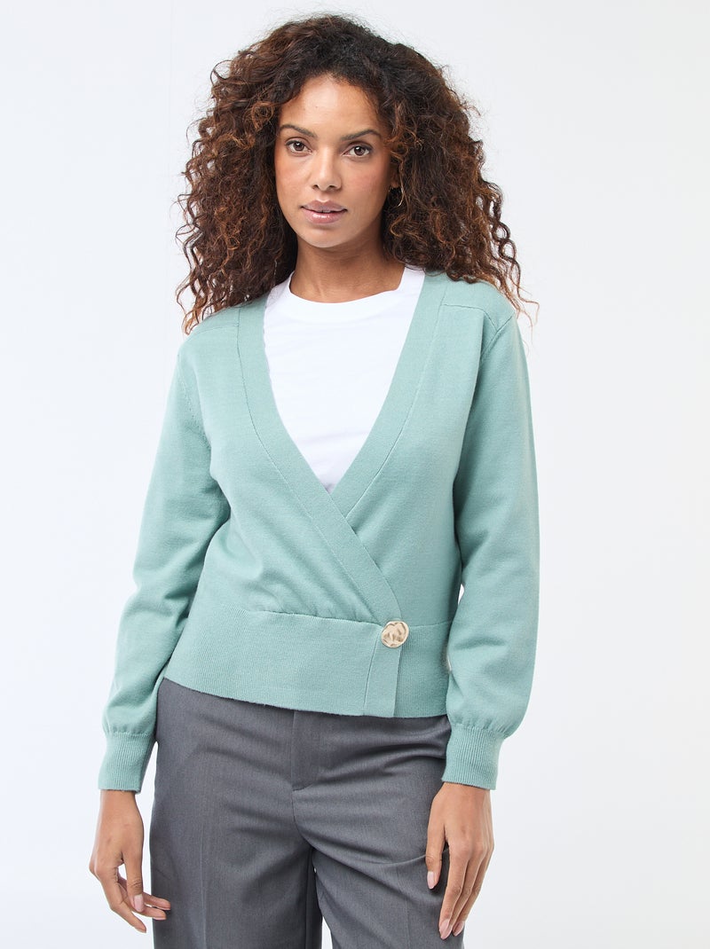 Pull effet gilet cache-coeur avec bouton doré Vert sage - Kiabi