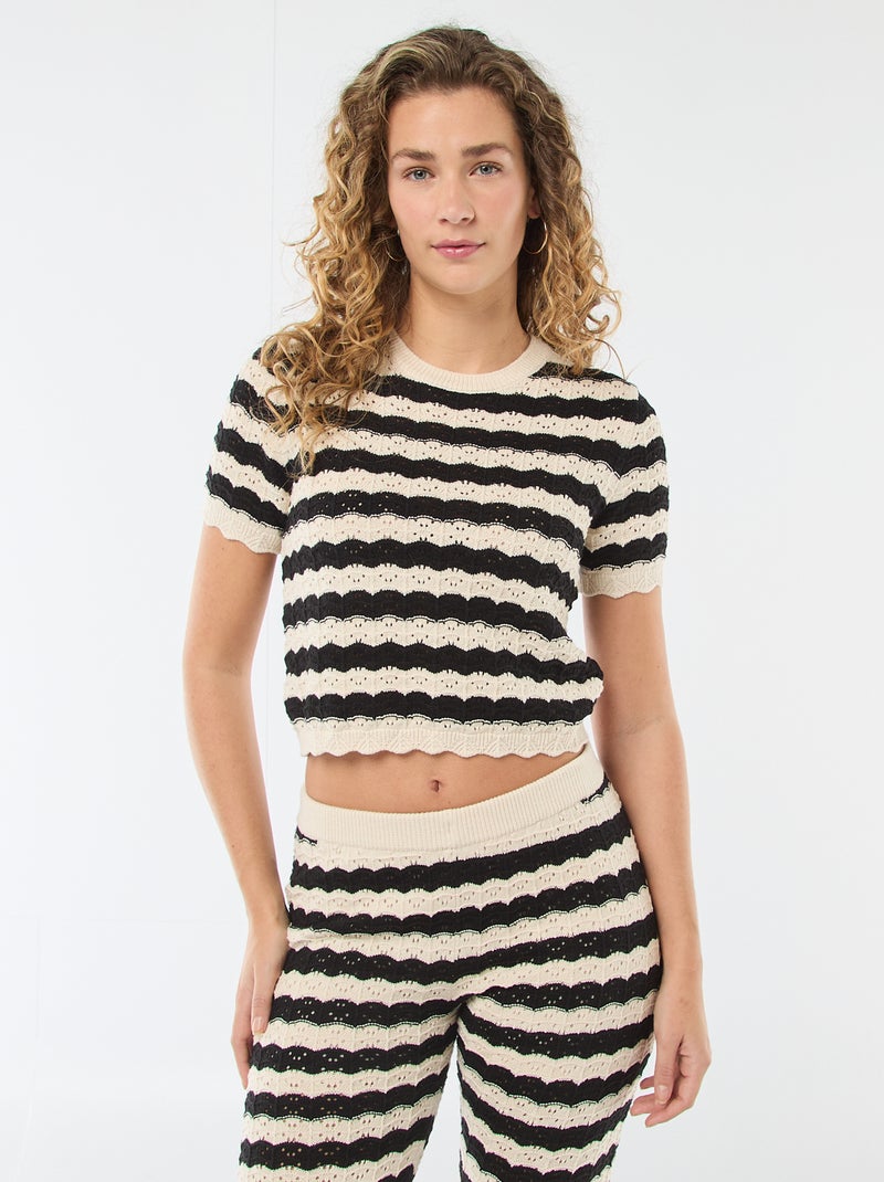 Pull en crochet à manches courtes Beige/noir - Kiabi