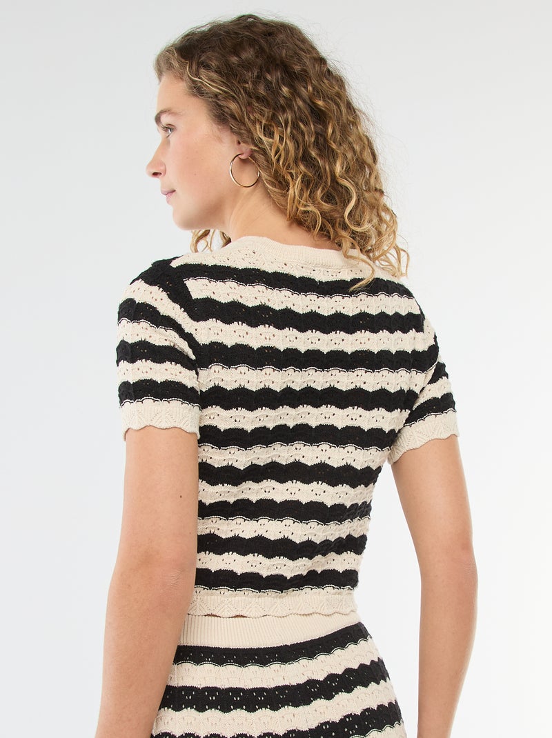 Pull en crochet à manches courtes Beige/noir - Kiabi