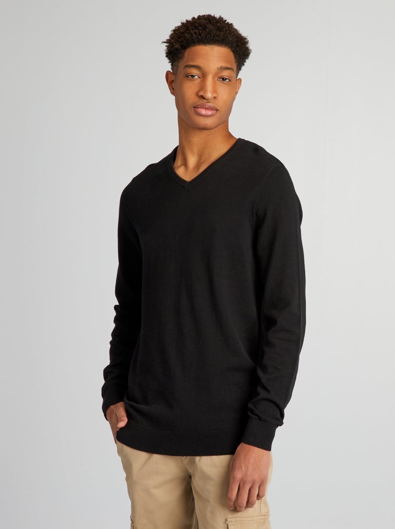 Pull en maille à col V + d'1m90 Noir - Kiabi