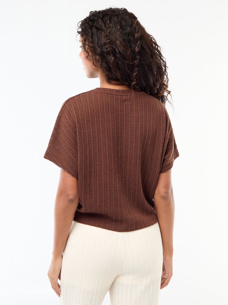 Pull en maille ajourée à manches courtes Marron - Kiabi