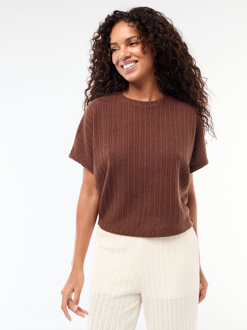 Pull en maille ajourée à manches courtes Marron - Kiabi