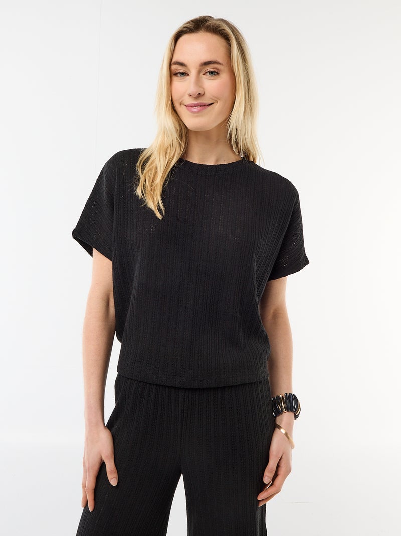 Pull en maille ajourée à manches courtes Noir - Kiabi