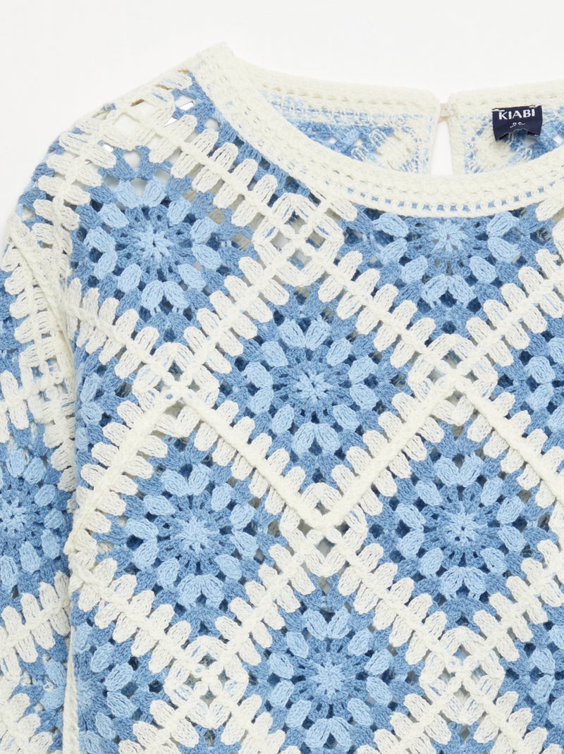 Pull en maille ajourée avec broderies fleurs Bleu - Kiabi
