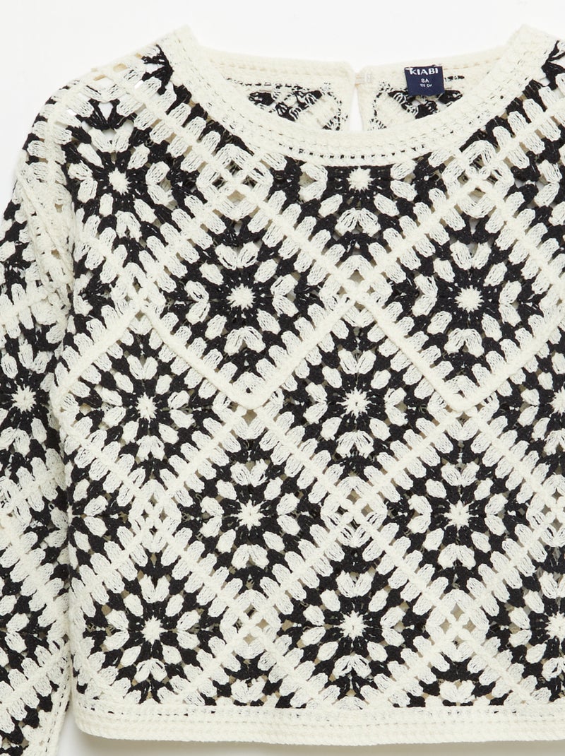 Pull en maille ajourée avec broderies fleurs Noir - Kiabi