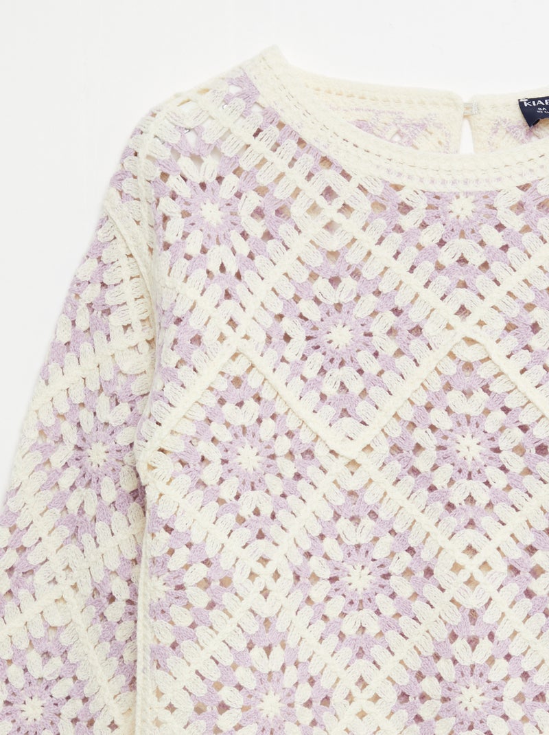 Pull en maille ajourée avec broderies fleurs Violet - Kiabi