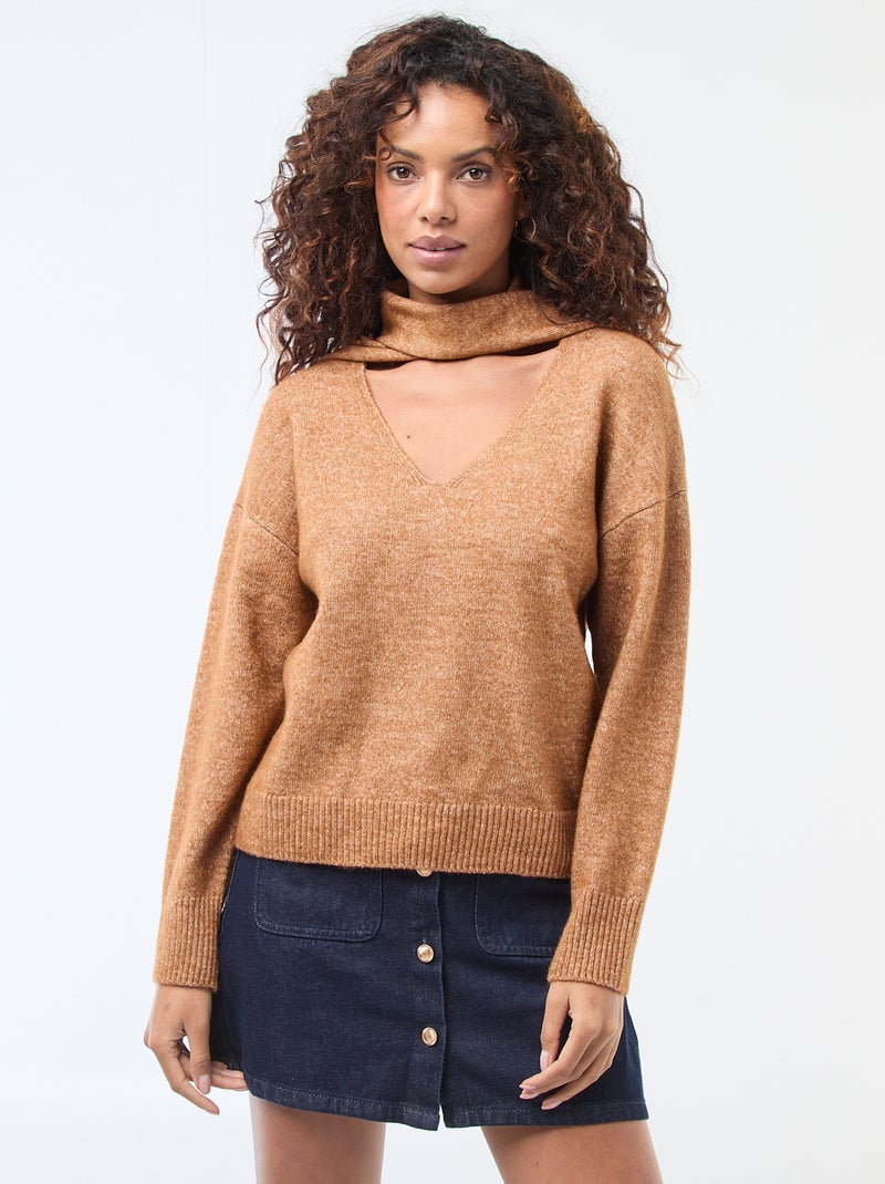 Pull en maille avec écharpe grosse jauge Marron - Kiabi