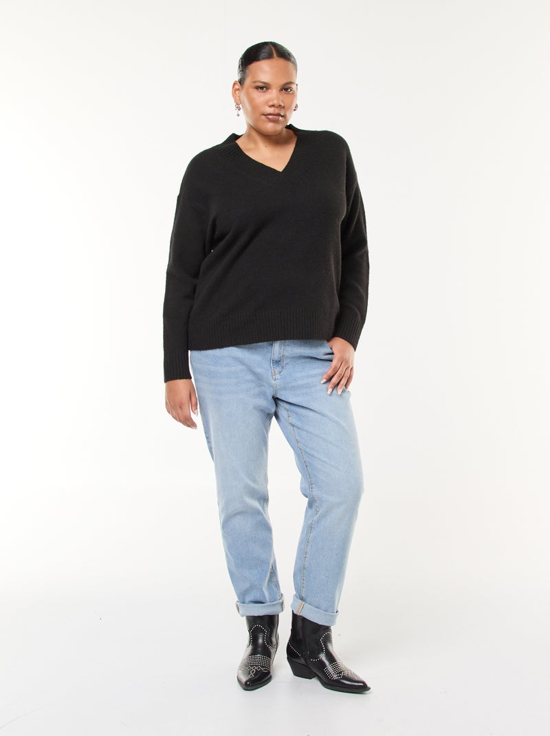 Pull en maille épaisse avec col V Noir - Kiabi