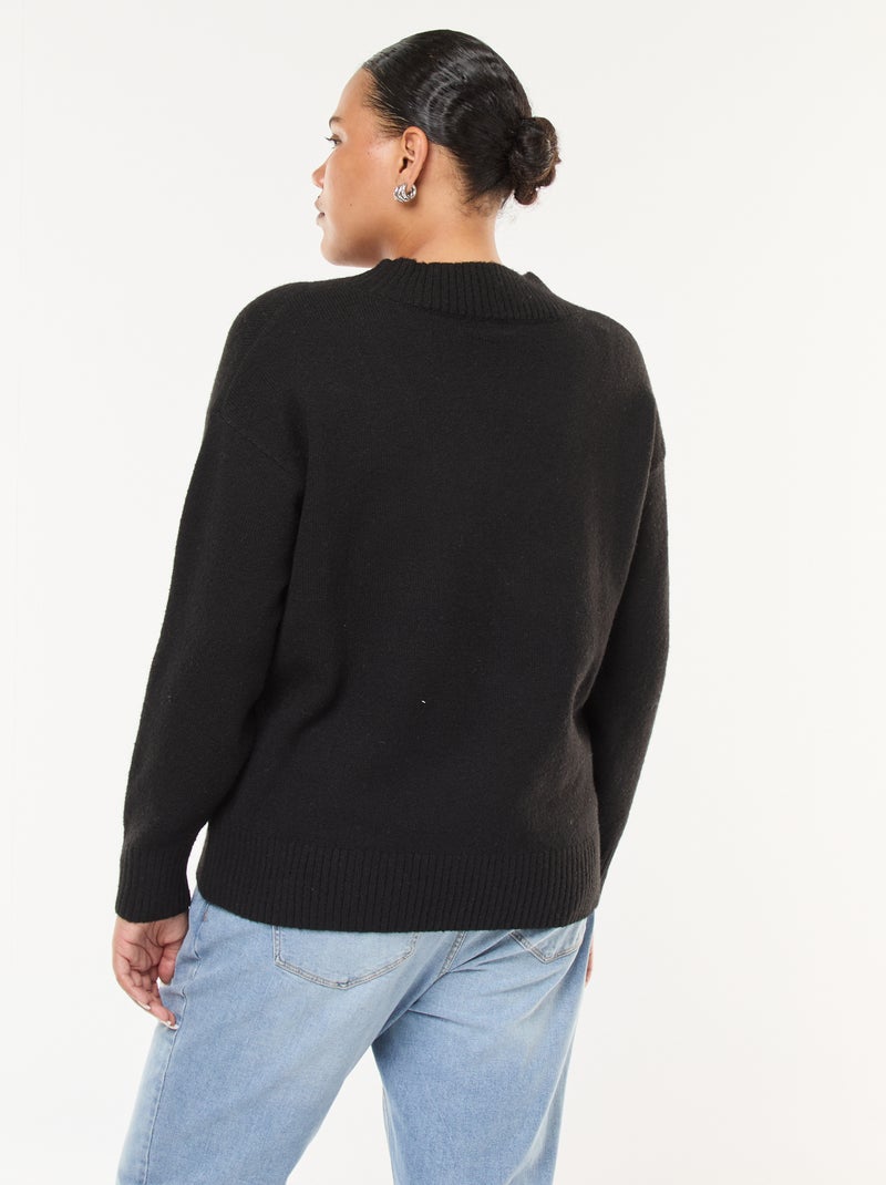 Pull en maille épaisse avec col V Noir - Kiabi