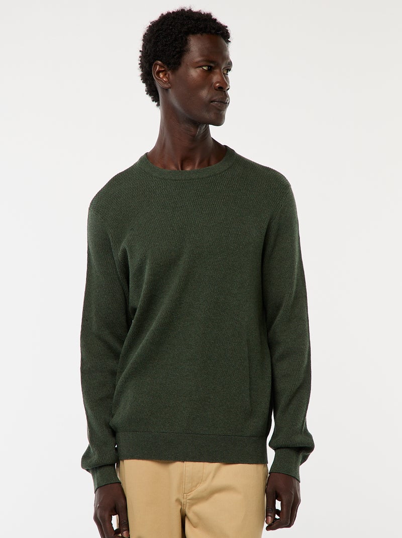 Pull en maille fantaisie à col rond Kaki - Kiabi