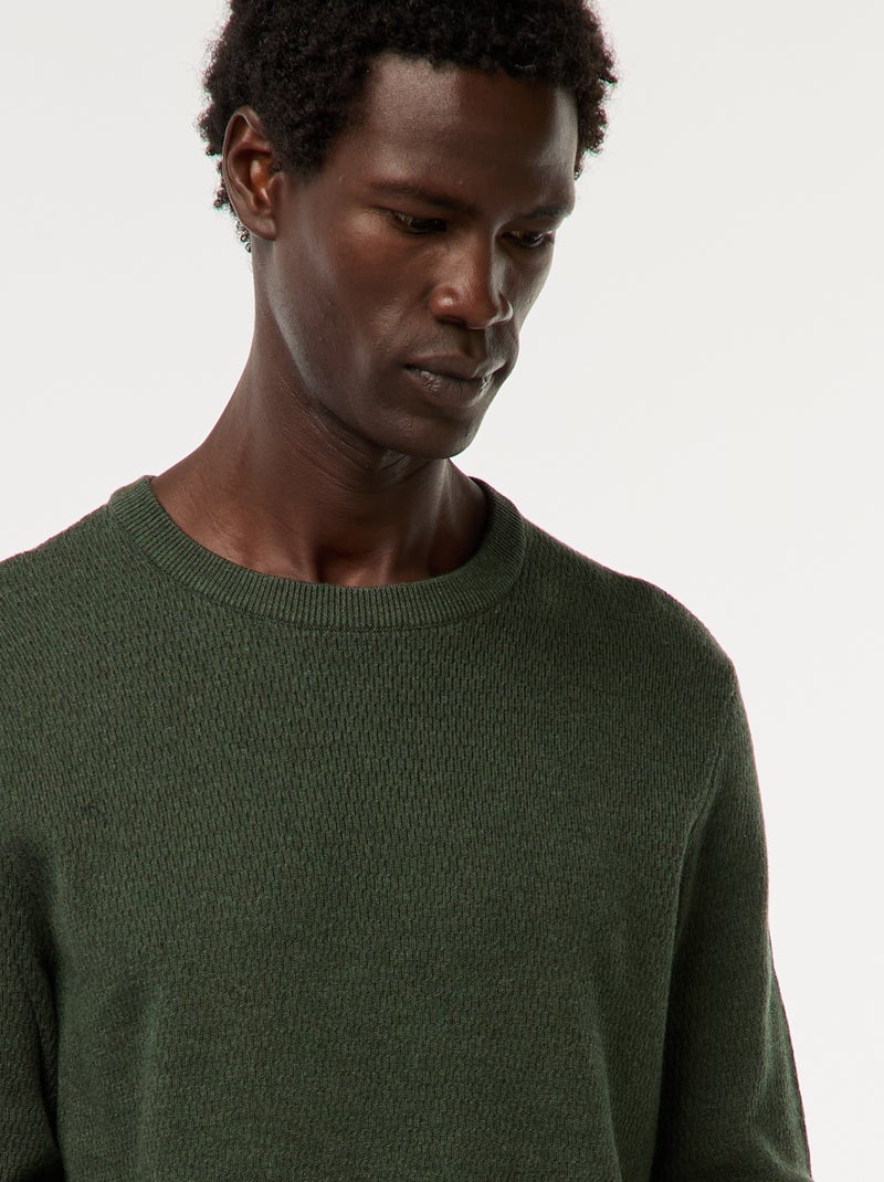 Pull en maille fantaisie à col rond Kaki - Kiabi