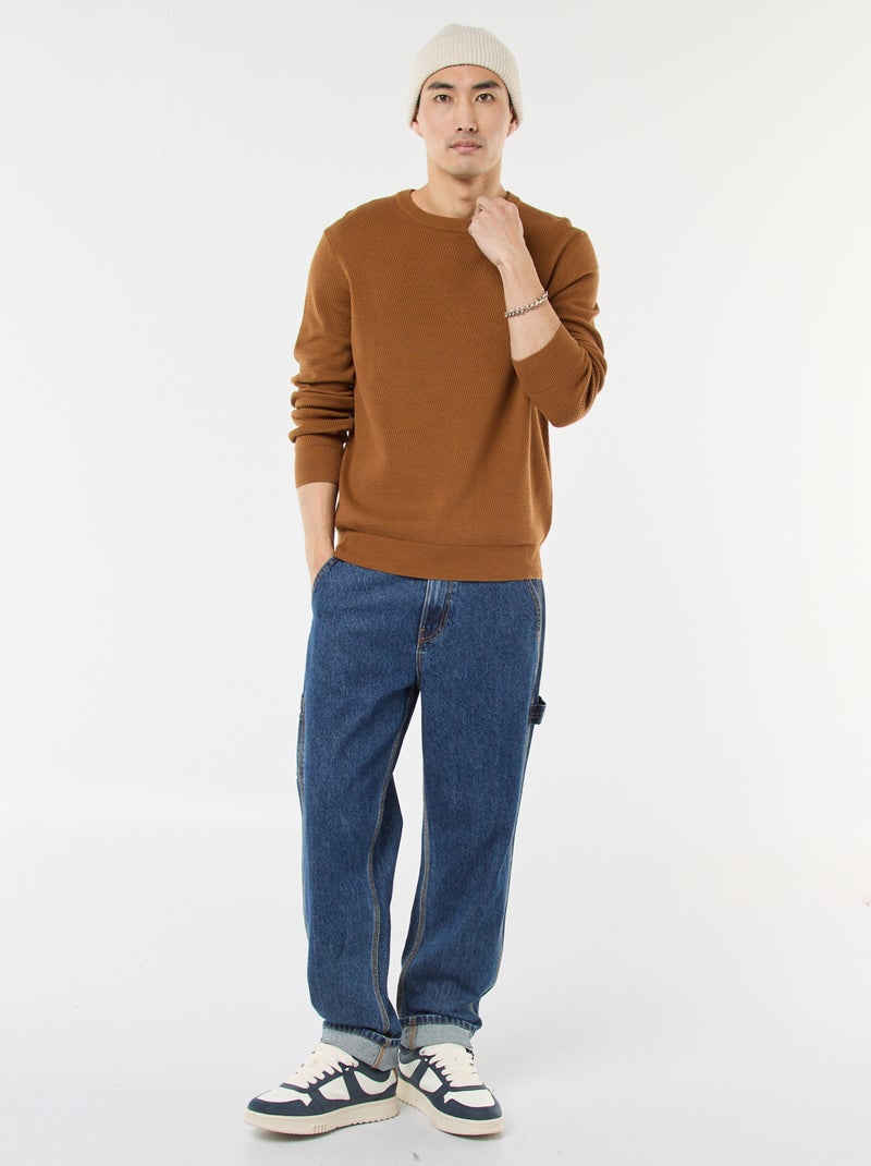 Pull en maille fantaisie à col rond Marron - Kiabi