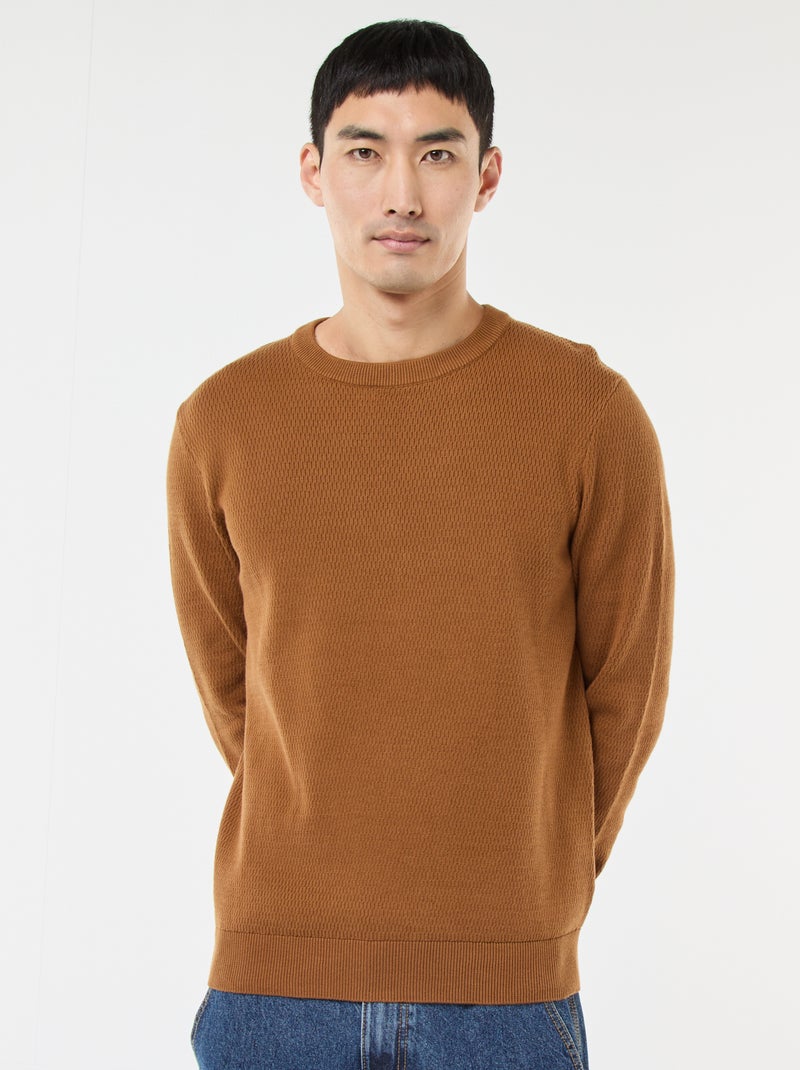 Pull en maille fantaisie à col rond Marron - Kiabi