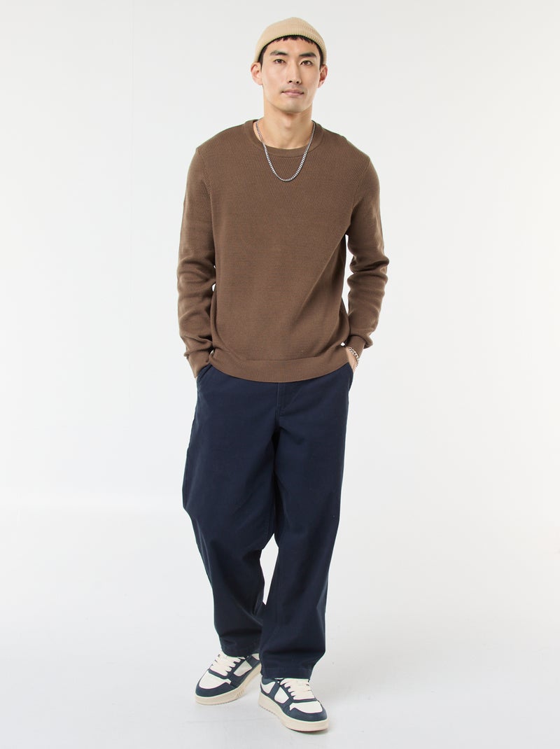 Pull en maille fantaisie à col rond Marron - Kiabi