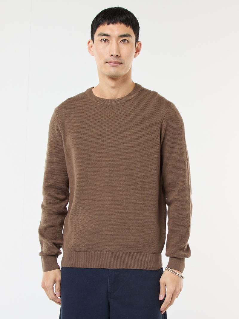Pull en maille fantaisie à col rond Marron - Kiabi