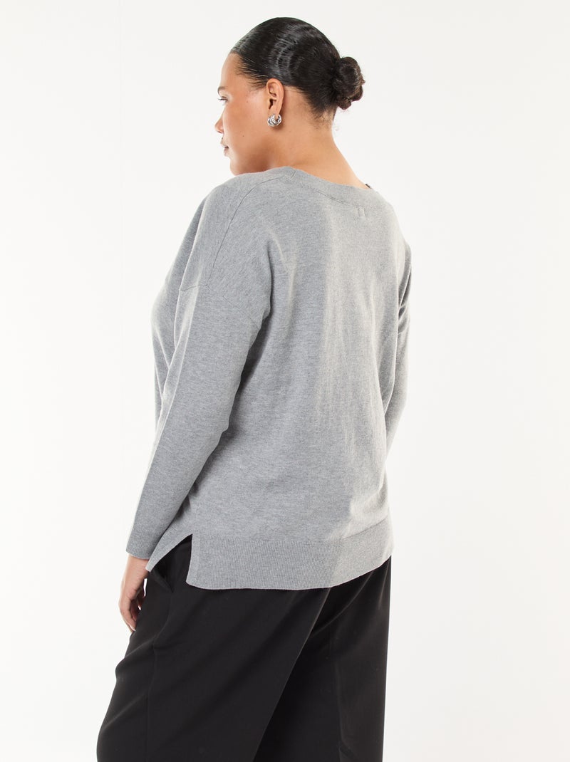 Pull en maille fine avec col V Gris - Kiabi