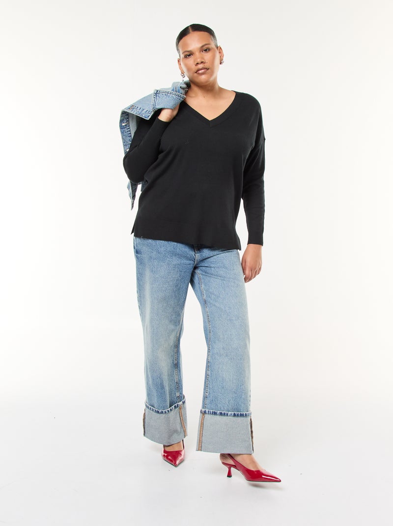 Pull en maille fine avec col V Noir - Kiabi