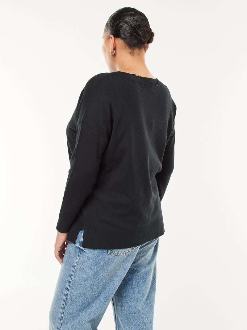 Pull en maille fine avec col V Noir - Kiabi