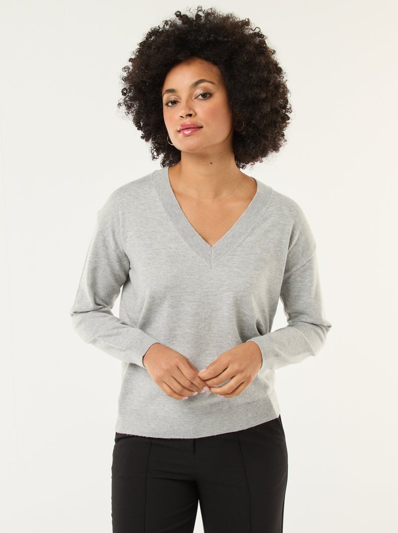 Pull en maille fine col V Gris - Kiabi