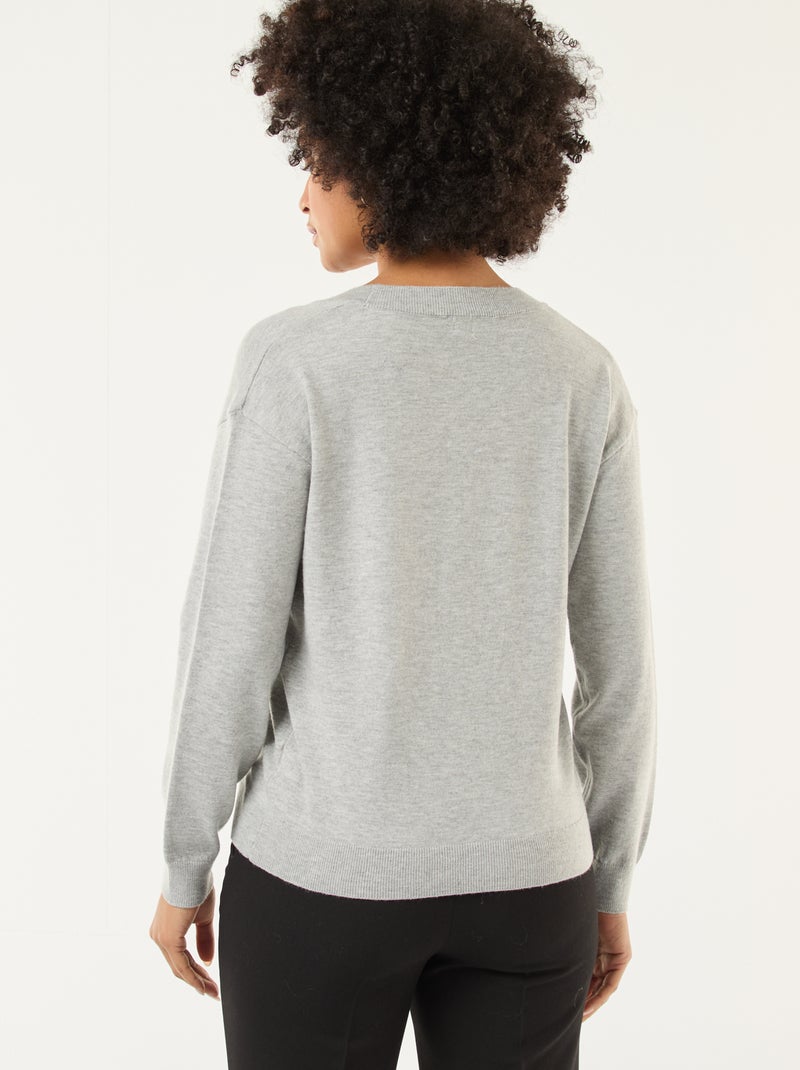 Pull en maille fine col V Gris - Kiabi