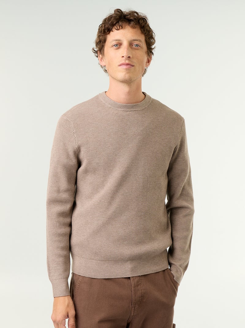 Pull en maille gaufrée à col rond Beige - Kiabi
