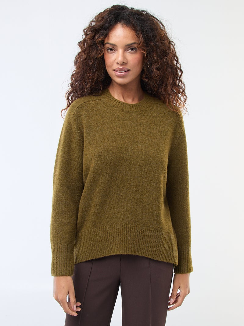 Pull en maille grosse jauge à col rond Kaki - Kiabi