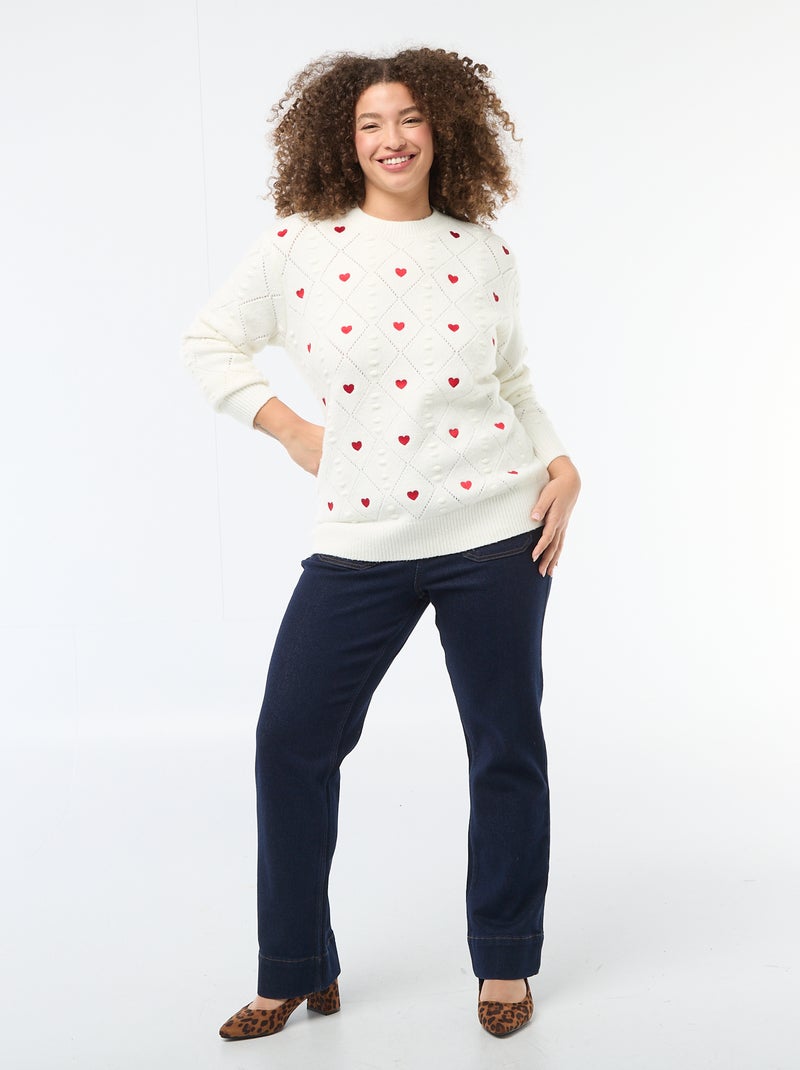 Pull en maille grosse jauge avec motif à 'cœur' Blanc - Kiabi