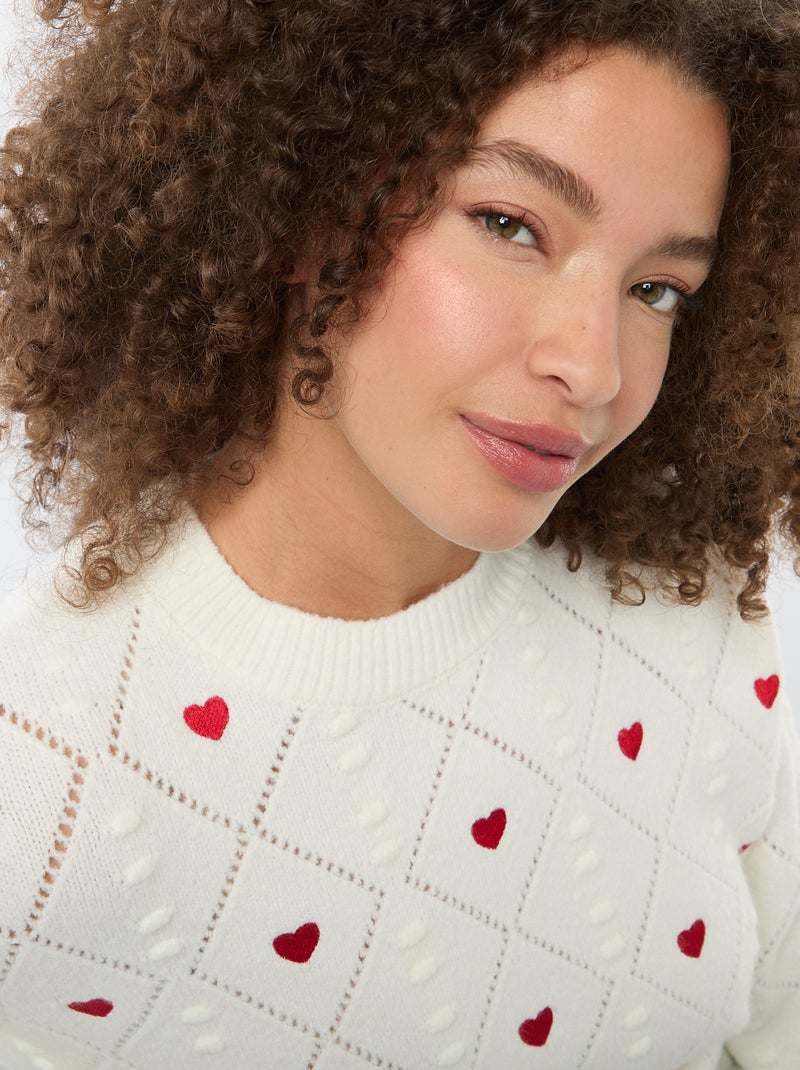 Pull en maille grosse jauge avec motif à 'cœur' Blanc - Kiabi