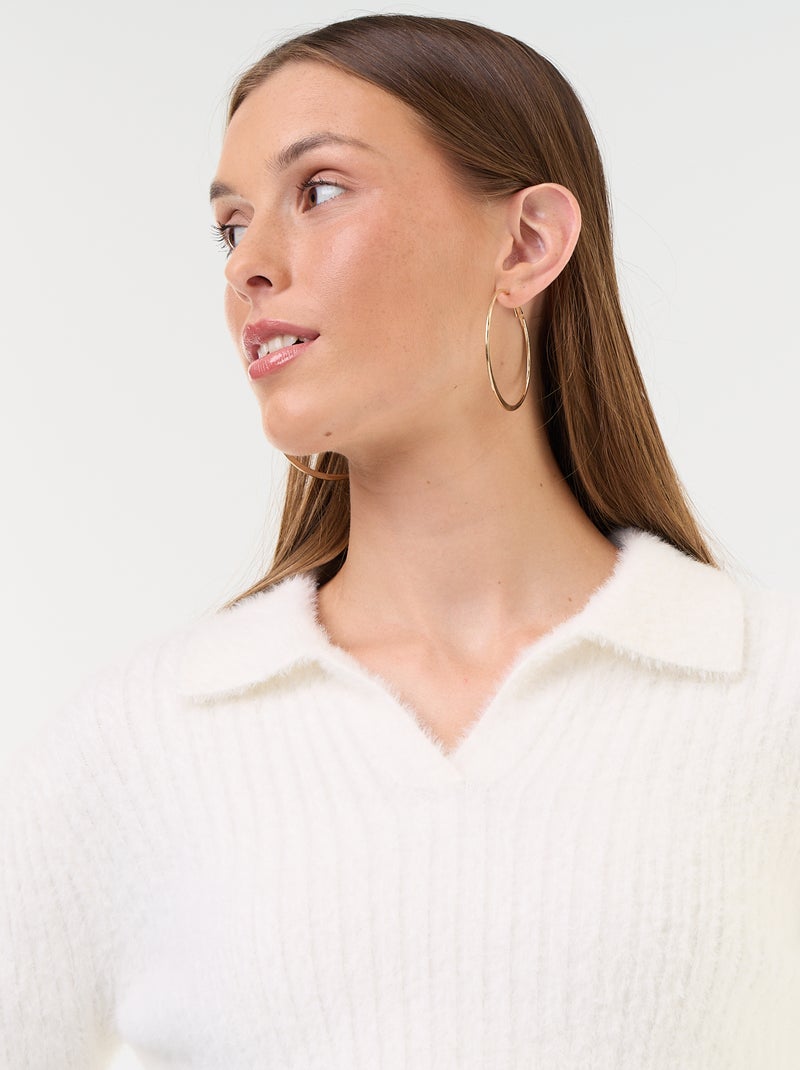 Pull en maille poilue avec col polo Blanc - Kiabi