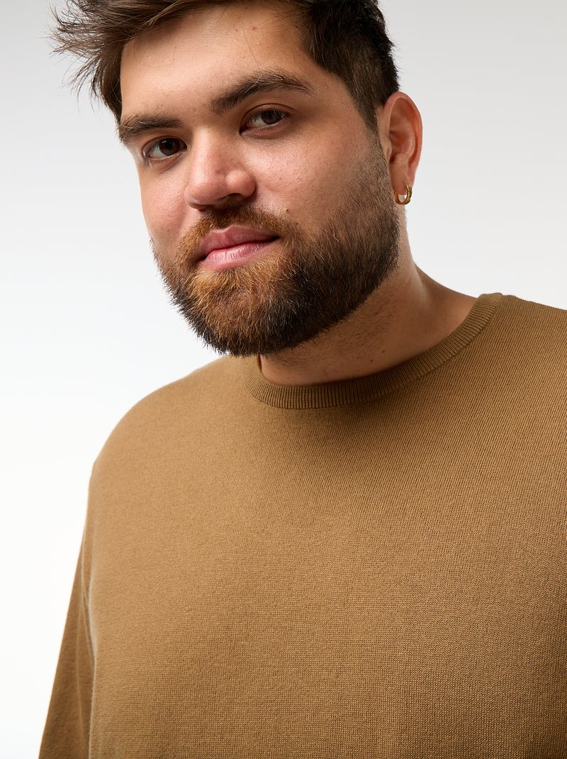 Pull en maille uni col rond Marron - Kiabi
