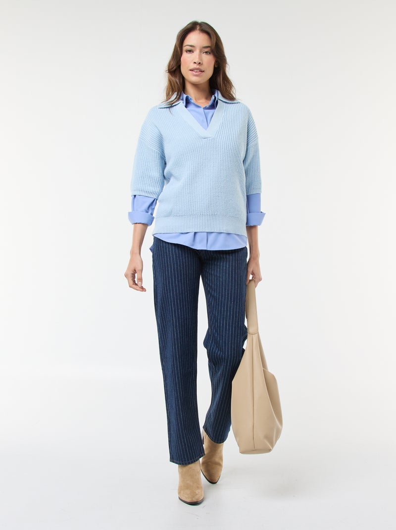 Pull esprit polo avec encolure V Bleu - Kiabi