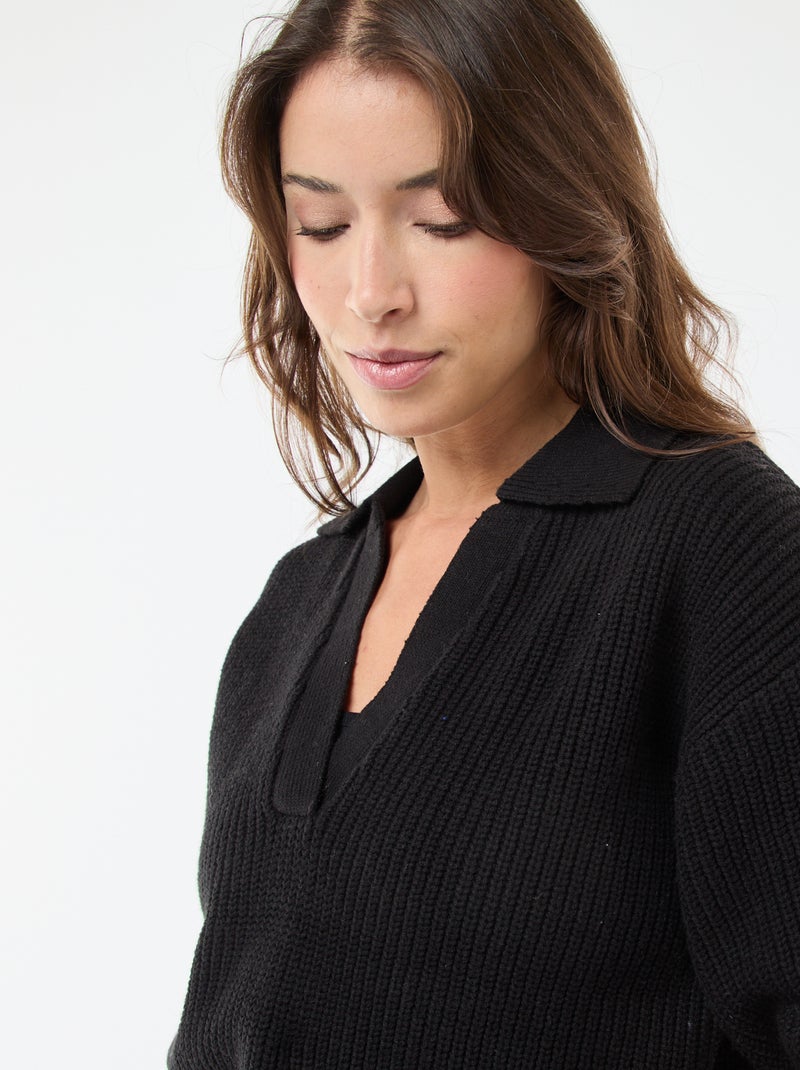 Pull esprit polo avec encolure V Noir - Kiabi