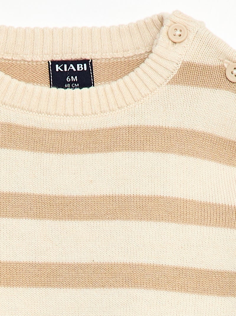 Pull fine jauge encolure boutonnée Beige/blanc - Kiabi