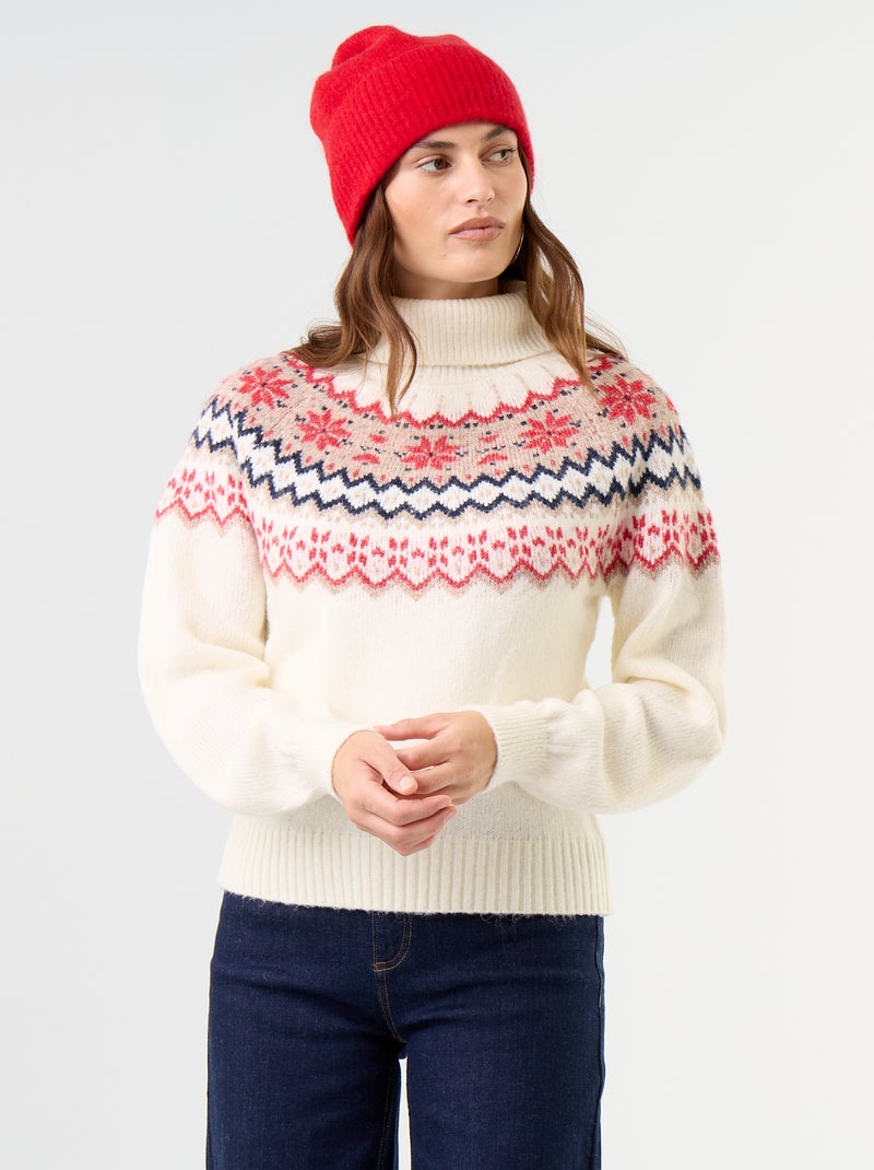 Pull grosse jauge jacquard 'Noël' Beige - Kiabi