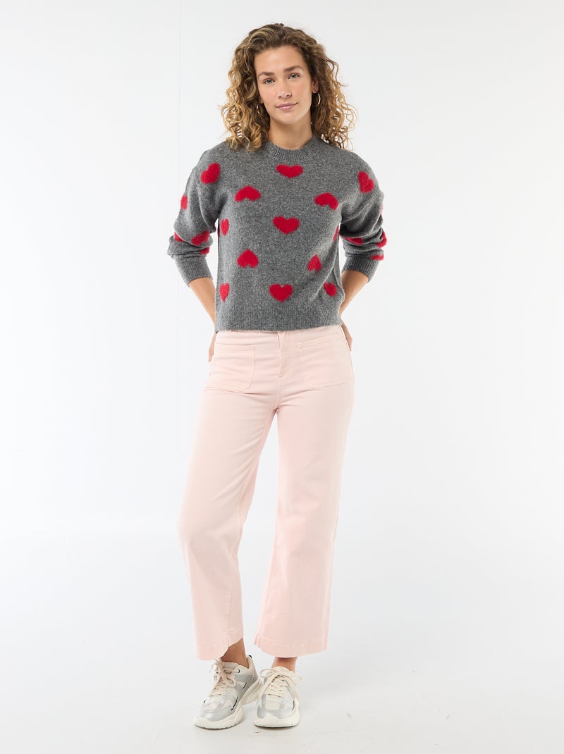 Pull jacquard à cœurs Gris - Kiabi