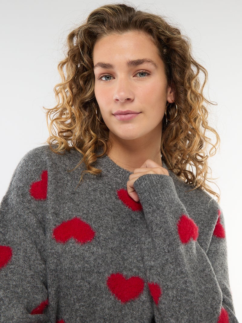 Pull jacquard à cœurs Gris - Kiabi