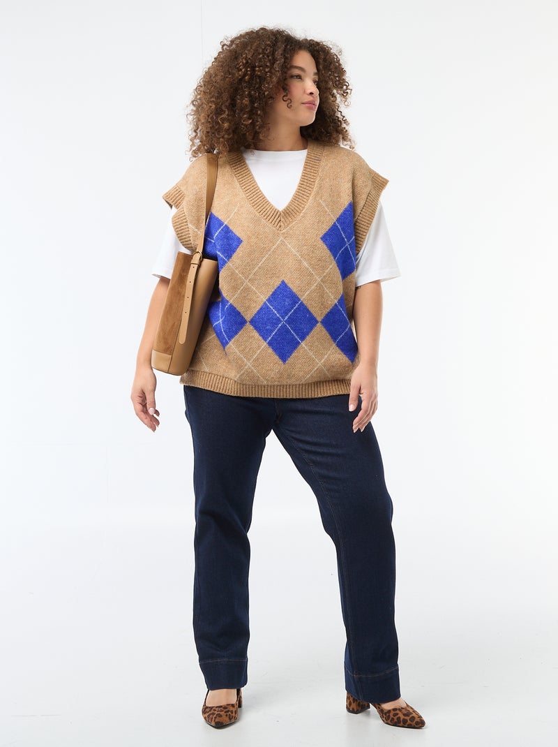 Pull jacquard sans manches Beige - Kiabi