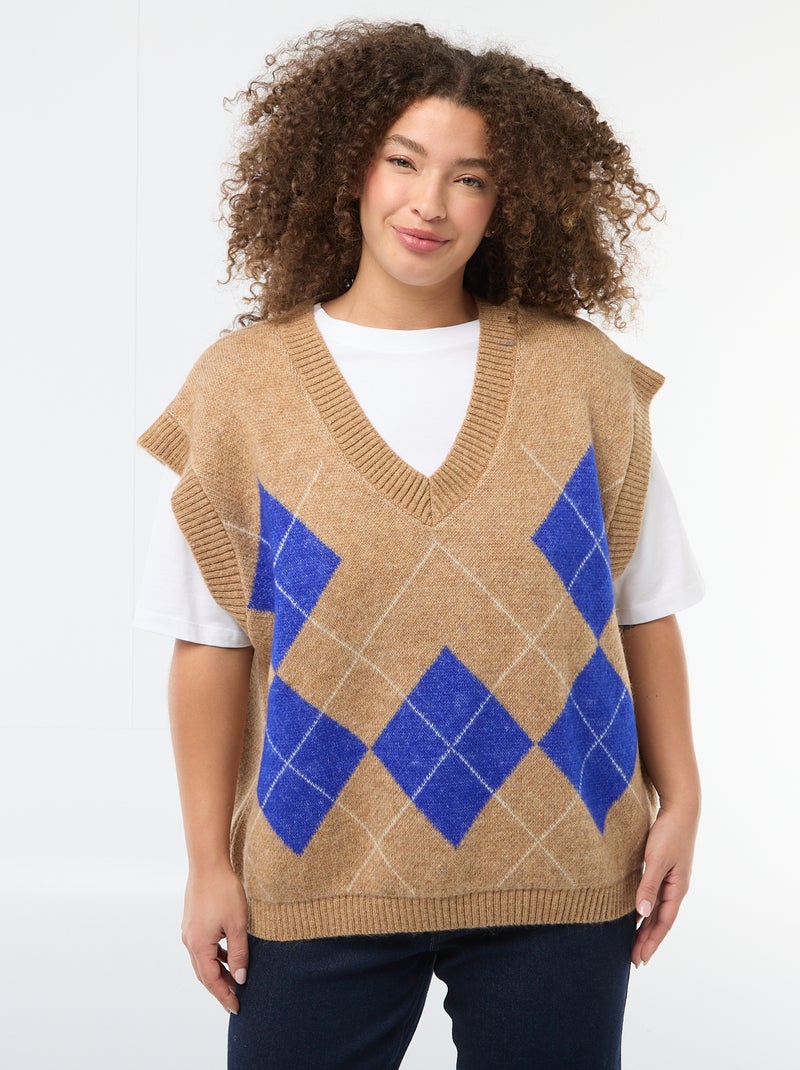 Pull jacquard sans manches Beige - Kiabi