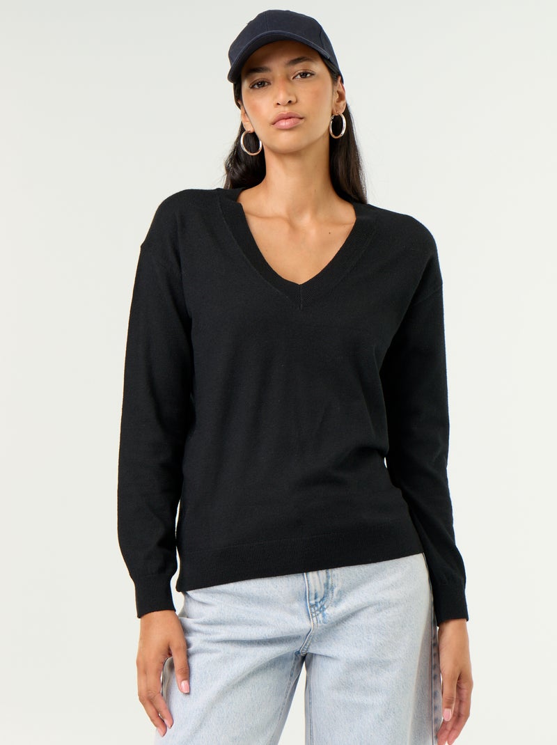 Pull léger à col V Noir - Kiabi