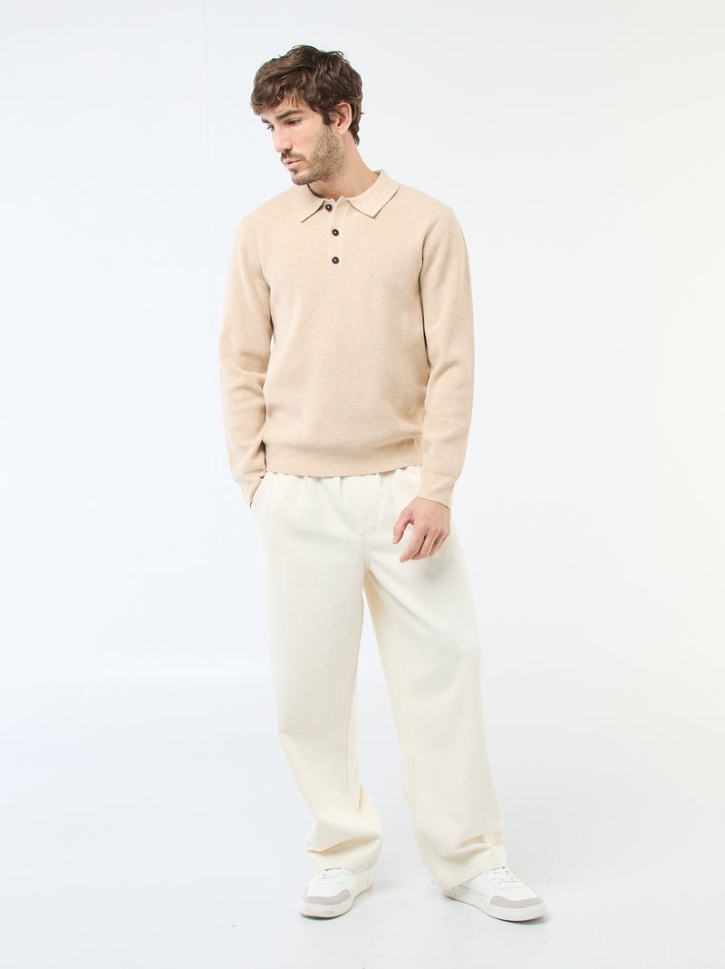 Pull maille gaufrée à col polo Beige - Kiabi