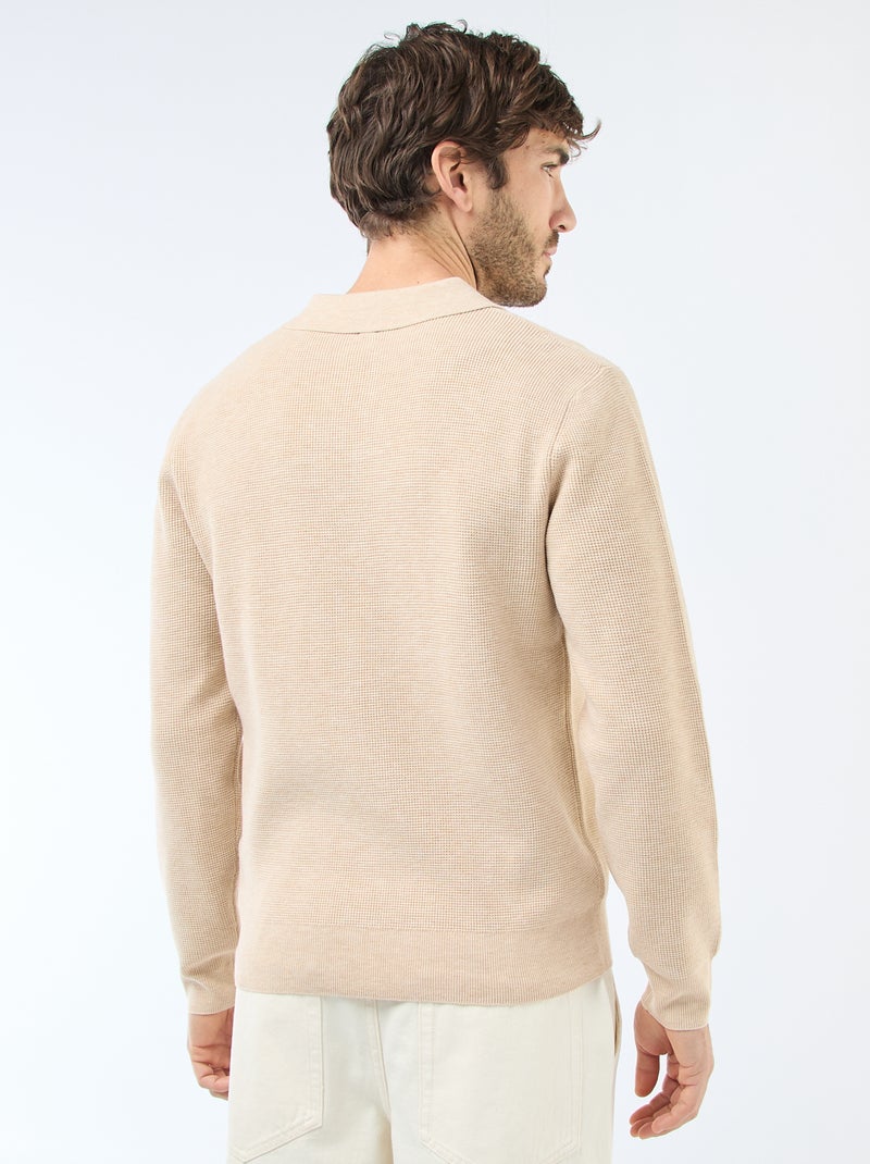Pull maille gaufrée à col polo Beige - Kiabi