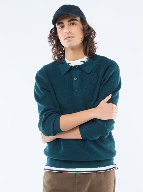 Pull maille gaufrée à col polo - Kiabi